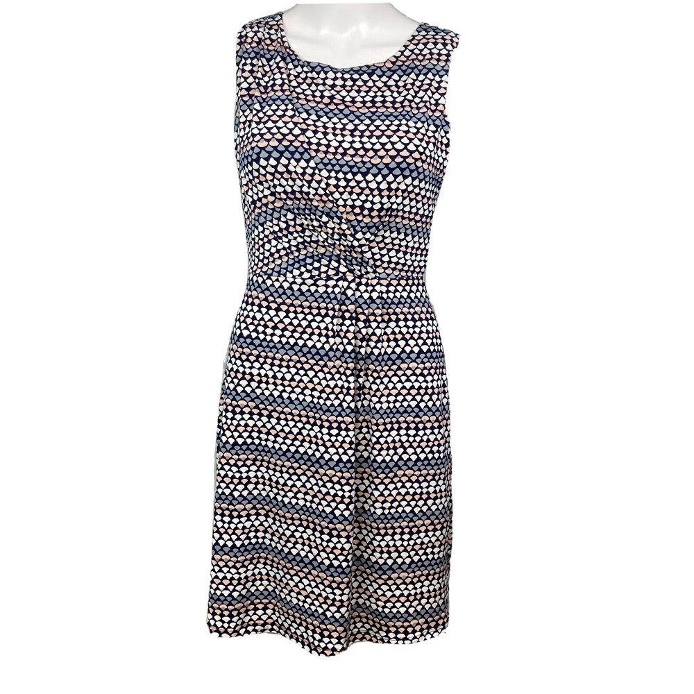 Gilli Dress Womens Sz S Blue White Gathered Waist Sheath Knit Stretch Lined